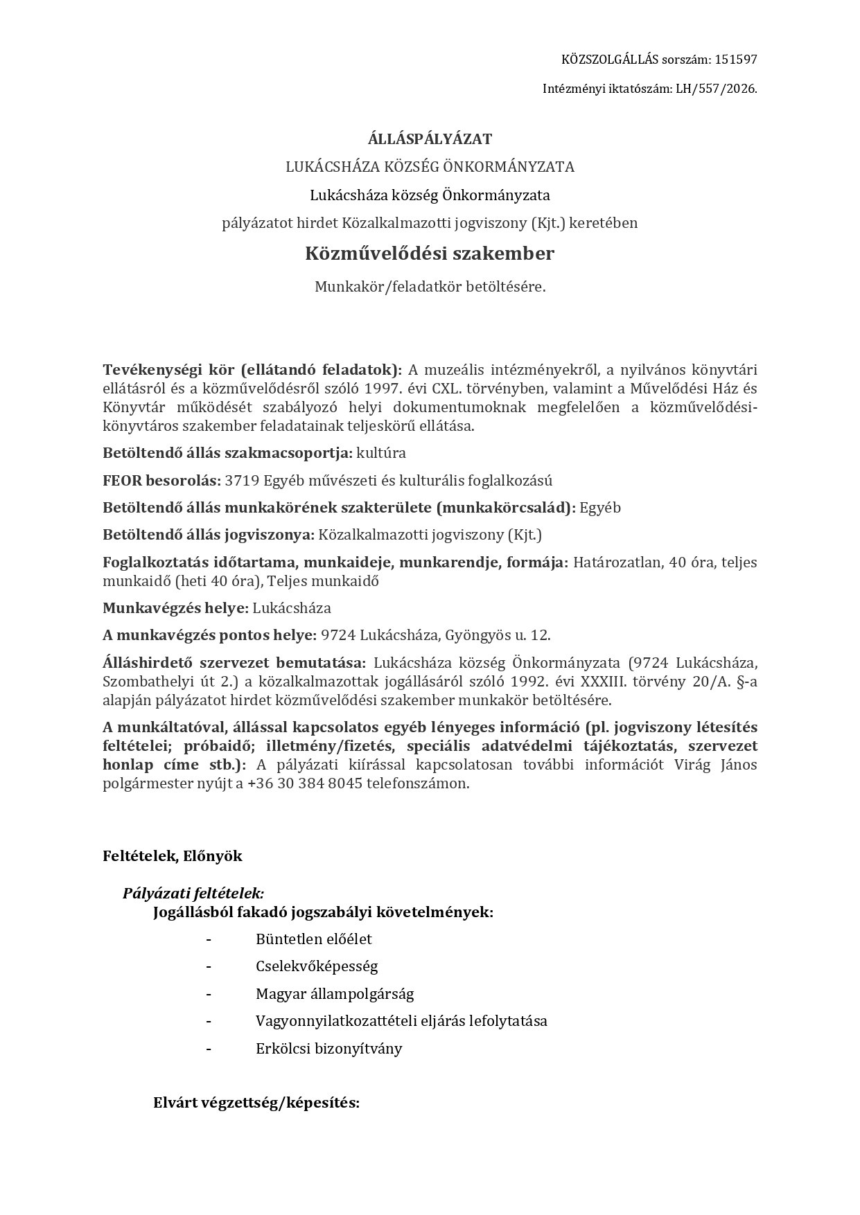 Közművelődési szakember Álláspályázat